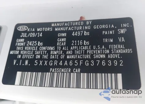 2015 Kia Optima Sx Turbo z USA, uszkodzony, nr VIN 5XXGR4A65FG376392